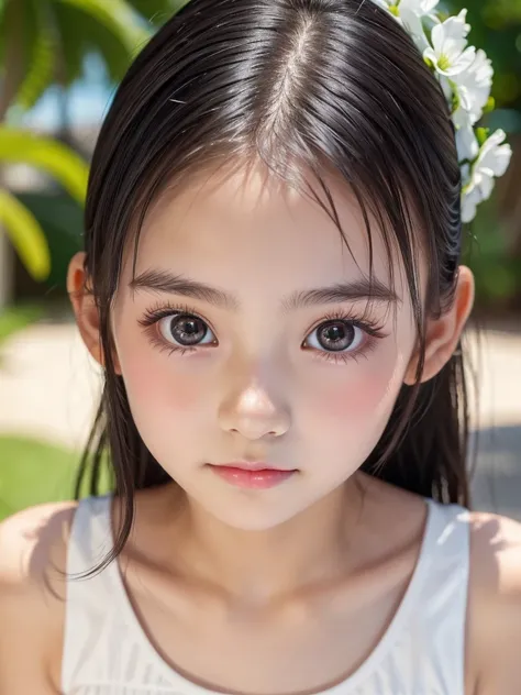 One Girl，Very cute girl at 15 years old，Big eyes，The face is facing straight ahead，Body facing forward，Beautiful nose，Fuller lips，Short black hair，ponytail，Detailed eyelashes，Thin eyebrows，Symmetrical eyes，Face close-up，White swimsuit，Portrait，View Viewer