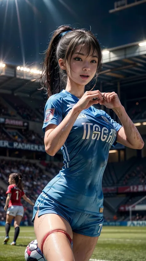 Highest quality, High resolution:1.2, Very detailed, Realistic:1.3, ((Beautiful woman))、((Super tight uniform))、((Big Breasts))、(Shirt lift)、(The chest is visible)、(((Soccer uniforms)))、Vibrant colors, play soccer,(Blunt bangs)、((Various Hair Styles))、Diff...