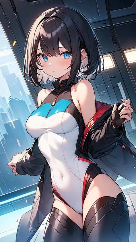 (Highly detailed CG Unity 32k wallpaper,masterpiece, Biological, whole body),(Best lighting, Best Shadow, Very delicate and beautiful),(High School Girl and Unidentified Creatures),blue eyes, Big Breasts,Bouncing chest, Black Hair,Bobcut,Red and black and ...