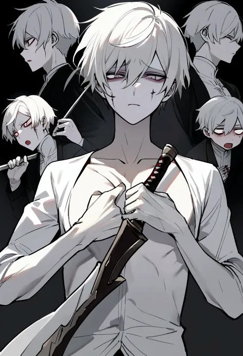 short hair boy, pale skin, white  hair, removing a sword from your chest, menino com expression of pain, expression of pain, taking a sword out of his chest