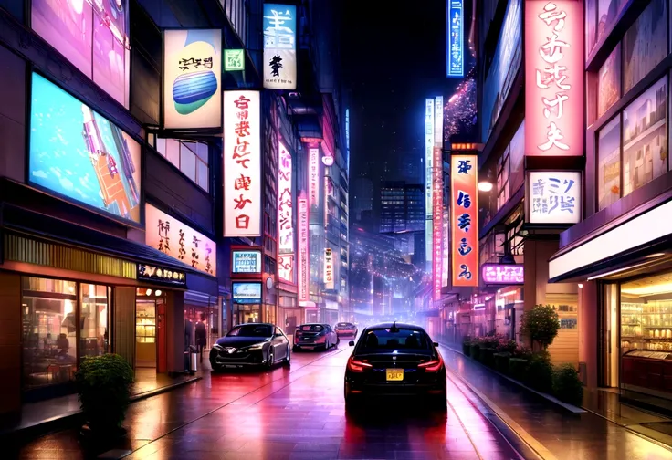 A Japanese city with modern style with several mirrored buildings with vibrant lighting and many twinkling lights on the realistic ultra HD signs style beautiful picture set wallpaper and realistic buildings with gleaming car signs black background 