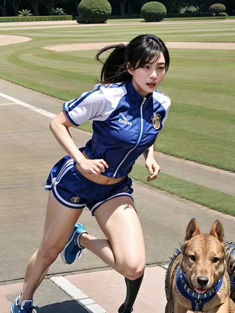 beautiful lienhua female, wearing sporty versace outfits, running from crocodile, run for his life.