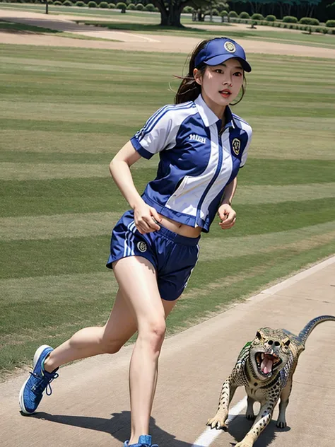 beautiful lienhua female, wearing sporty versace outfits, running from crocodile, run for his life.