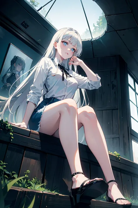 (masterpiece, best quality, absurd), 1 girl, white hair, long hair, straight hair, blunt bangs, light blue eyes, big breasts, ae...