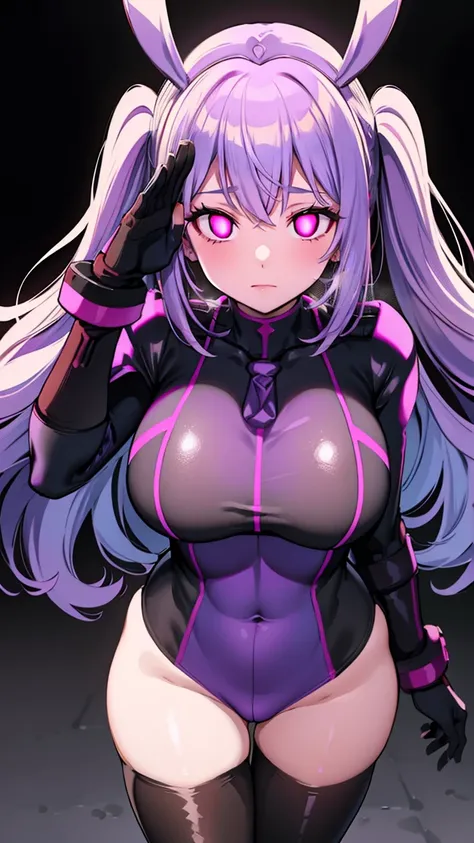 1 girl,NSFW,mr cbee, (Uma Musume),horse ears, clavicle, absurd, brainwashing,Combatant, empty eyes,((purple glowing eyes 1.5))( huge breasts ), No expression, emotions removed,((black shadaloo suit)),avert your eyes , whole body shape, ((stand up, salute))...