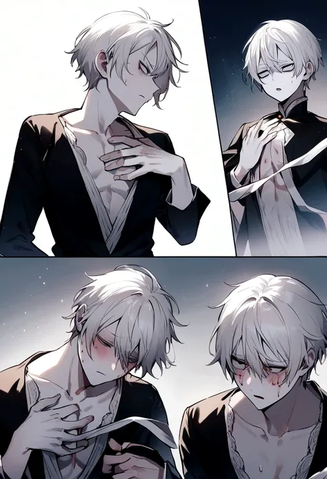 short hair boy, pale skin, white  hair, removing a sword from your chest, menino com expression of pain, expression of pain, taking a sword out of his chest