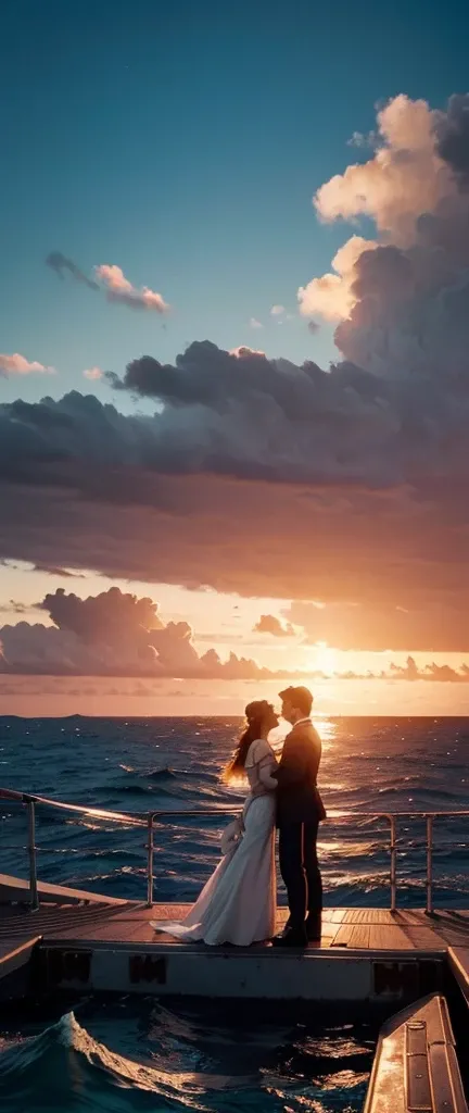 Prompt Title: The Fateful Story of Titanic       Scene 2: Romantic Moment

Setting: The bow of the ship at sunset.
Characters: Jack and Rose standing at the ships bow, arms outstretched, feeling the wind.
Background: Beautiful sunset over the ocean.