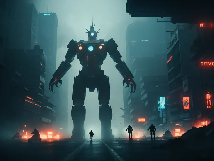 A giant robot, massive attacking kaiju, soldiers, cinematic, IMAX quality, mecha, science fiction, cyberpunk, futuristic city, dramatic lighting, dynamic composition, detailed mechanical design, gritty industrial aesthetic, powerful energy effects, volumet...