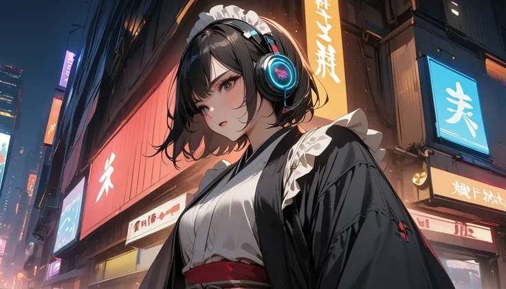 (((8K, Masterpiece, high resolution, highest quality, highest quality real texture skin))), ((wearing Japanese pattern headphones)), (((1 girl))), (((kimono))), (((Holding a Japan sword with both hands))), (((Cyberpunk City at Night))), ((sunglasses)), (((...