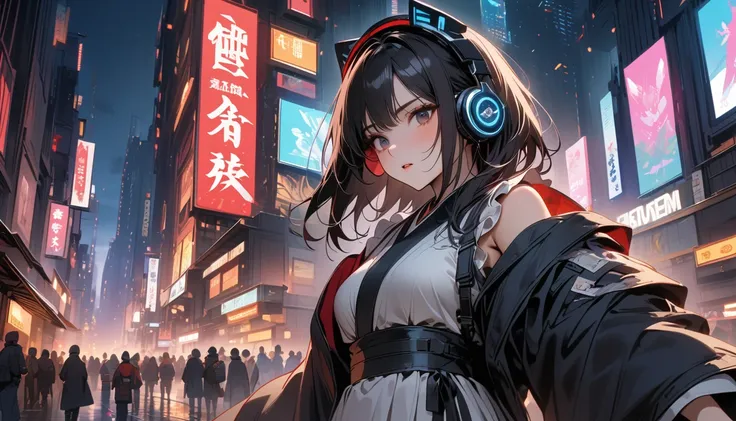 (((8K, Masterpiece, high resolution, highest quality, highest quality real texture skin))), ((wearing Japanese pattern headphones)), (((1 girl))), (((kimono))), (((Holding a Japan sword with both hands))), (((Cyberpunk City at Night))), ((sunglasses)), (((...