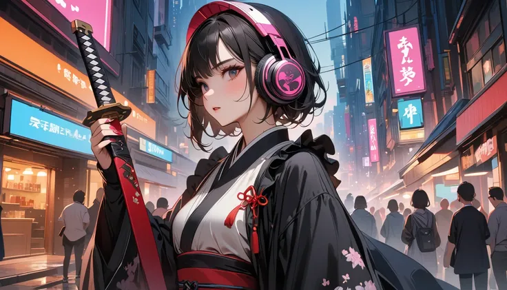 (((8K, Masterpiece, high resolution, highest quality, highest quality real texture skin))), ((wearing Japanese pattern headphones)), (((1 girl))), (((kimono))), (((Holding a Japan sword with both hands))), (((Cyberpunk City at Night))), ((sunglasses)), (((...