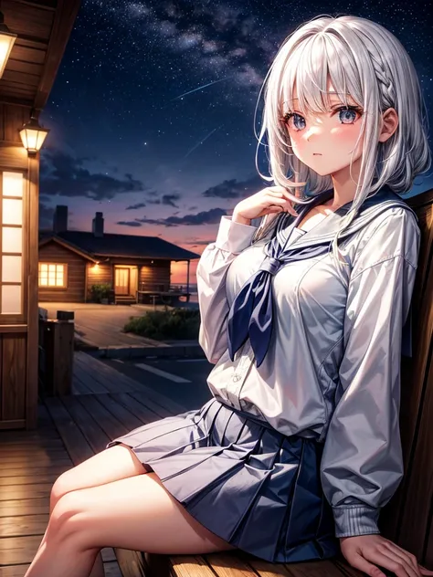 School girl, white hair, cute hair, Sitting outside the cabin, beach and city in the background, diffuse lights, night