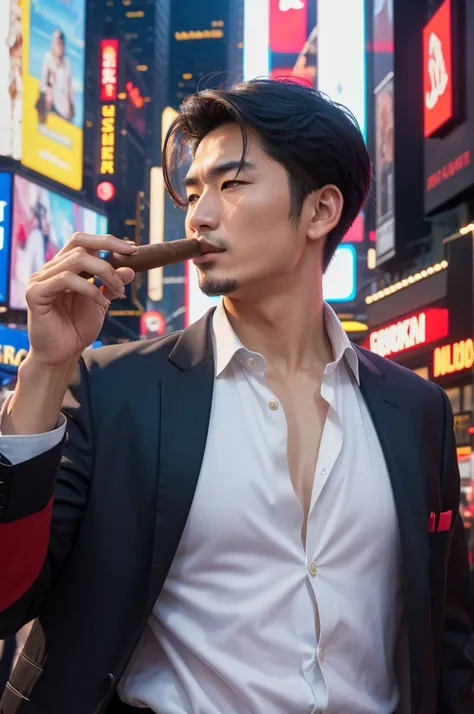 Oriental man with wide face, slickedback hair, on time square smoking a cigar