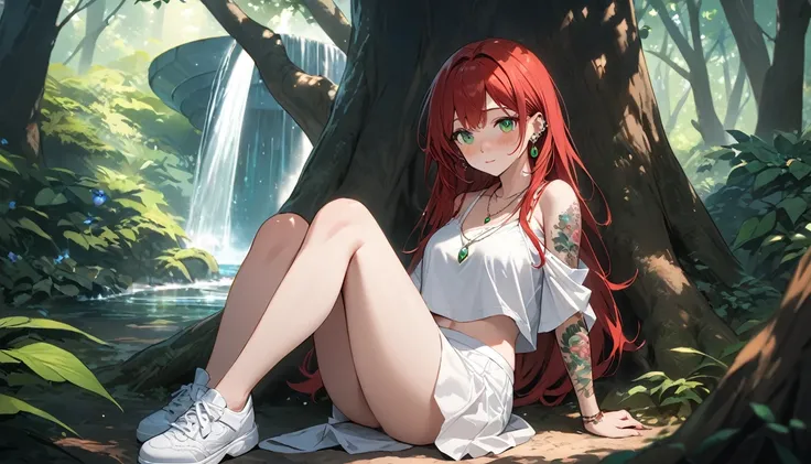 (Best Quality, Masterpiece, ultra high resolution, ultra detailed:1.2) Female gender Beautiful green eyes and melancholic expression Long red hair Light and freckled skin Wears a top with a bra shirt Wears a white silk mini skirt Footed with white cloth sh...