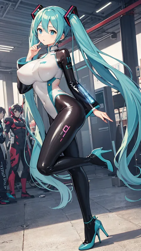 Hatsune Miku is wearing a plug suit、Big Breasts、Latex bodysuit、The plug suit is white and light blue.、High heels、The background is ruins、high resolution、2010s anime style、8K CG