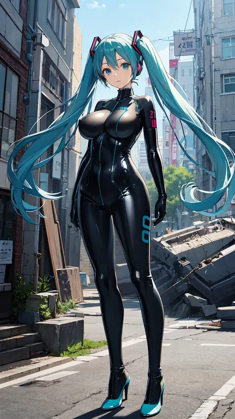 Hatsune Miku is wearing a plug suit、Big Breasts、Latex bodysuit、The plug suit is white and light blue.、High heels、The background is ruins、high resolution、2010s anime style、8K CG