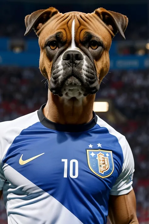 
Personifies an animated Boxer breed dog with the Uruguayan national team shirt in the Copa América 2024.

With brave attitude, athletic and muscular composition, determined look. 
