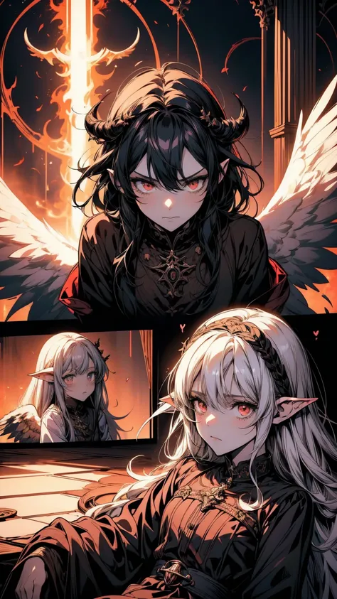 Two anime girls with angel wings and demons on their heads, Sirius A and Sirius B, ( ( ( yoh yoshinari ) ) ), Two Angels, Gap Moe Yandere Grimdark, Demons vs. Angels, Lalafell, From desire, Satanic! Competitionium!, Neferpitou, ❤🔥🍄🌪, Monochrome artwork!!