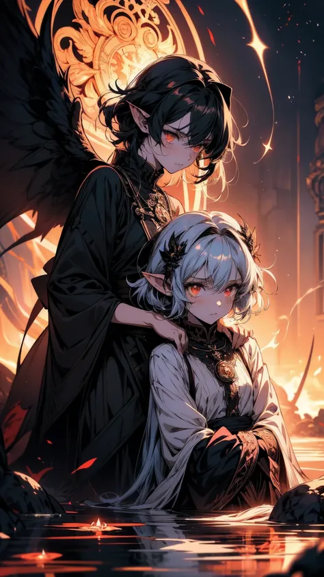 Two anime girls with angel wings and demons on their heads, Sirius A and Sirius B, ( ( ( yoh yoshinari ) ) ), Two Angels, Gap Moe Yandere Grimdark, Demons vs. Angels, Lalafell, From desire, Satanic! Competitionium!, Neferpitou, ❤🔥🍄🌪, Monochrome artwork!!