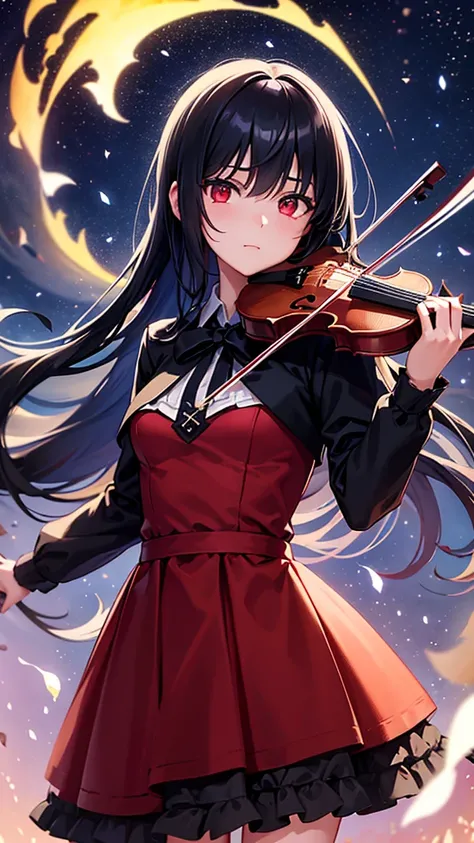 A girl playing the violin, with black hair and glassy red eyes, a serious gaze, under a night sky filled with stars and a single comet. She is positioned over a lake, depicted in a full shot. The scene is sprinkled with light particles and has a bokeh effe...