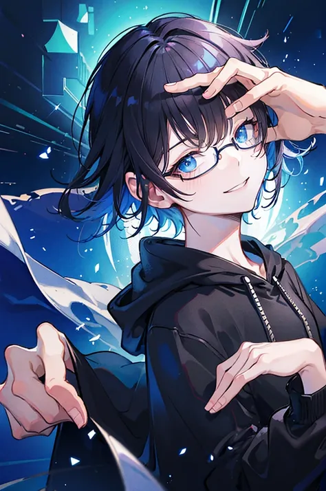 (((head shot))) (((masterpiece))), best quality, Ultra-fine CG unity 8k wallpaper (1 Boy)((Black short hair)), ((blue eyes)), ((Black glasses)) (Gentle smile) (Red Hoodie)