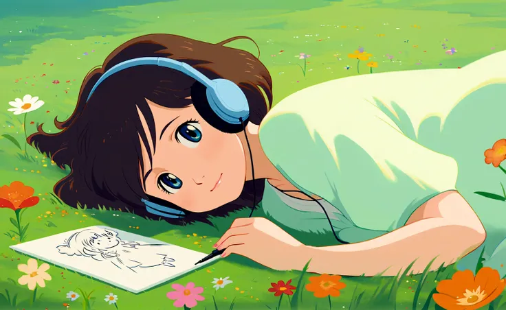 a cute girl lying on the grass in a meadow full of beautiful flowers, simple, drawing, listening to music, studio ghibli style, ...