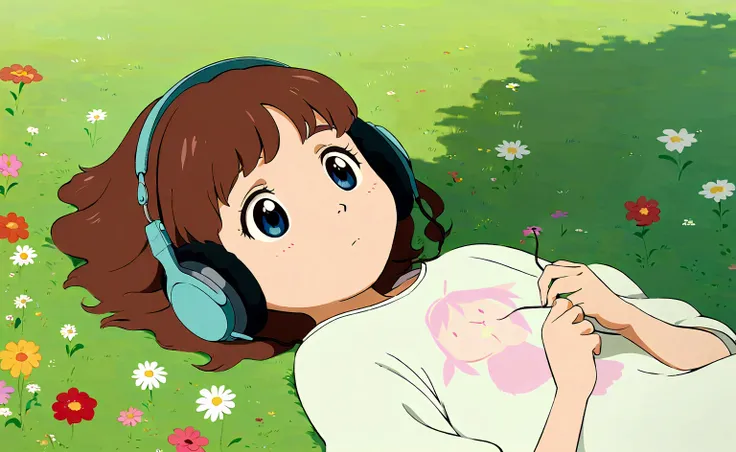 a cute girl lying on the grass in a meadow full of beautiful flowers, simple, drawing, listening to music, Studio Ghibli style, grass sway to the side, ghibli studio inspired, whimsical, airy, calm, serene, chill, ghibli, anime, ethereal