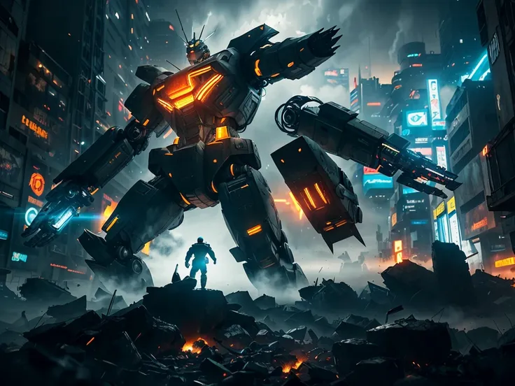 A giant robot, massive attacking kaiju, soldiers, cinematic, IMAX quality, mecha, science fiction, cyberpunk, futuristic city, dramatic lighting, dynamic composition, detailed mechanical design, gritty industrial aesthetic, powerful energy effects, volumet...