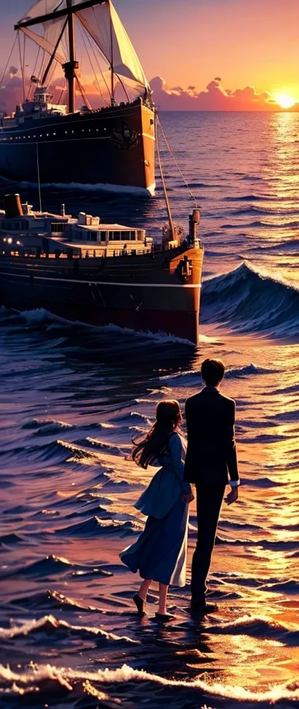 Prompt Title: The Fateful Story of Titanic       Scene 2: Romantic Moment

Setting: The bow of the ship at sunset.
Characters: Jack and Rose standing at the ships bow, arms outstretched, feeling the wind.
Background: Beautiful sunset over the ocean.