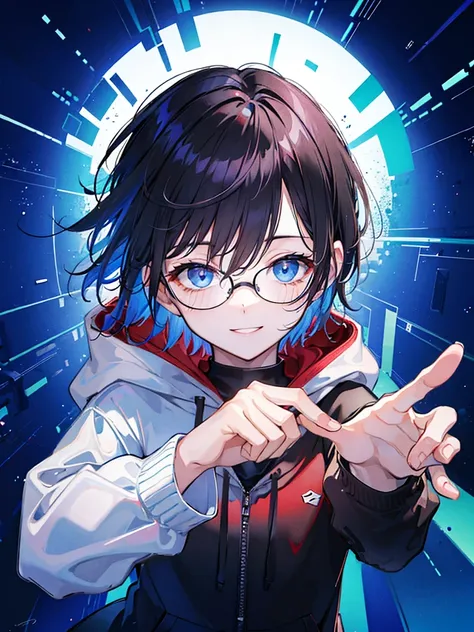 (((head shot))) (((masterpiece))), best quality, Ultra-fine CG unity 8k wallpaper (1 Boy)((Black short hair)), ((blue eyes)), ((Black glasses)) (Gentle smile) (Red Hoodie)campus 