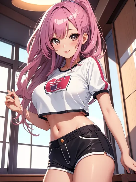 best quality, 1girl, masterpiece ultra detailed, illustration, glossy lips, indoors, standing, big breasts, (short shorts, micro_shorts, crop top), light smile, View viewers from the front, tigh strap