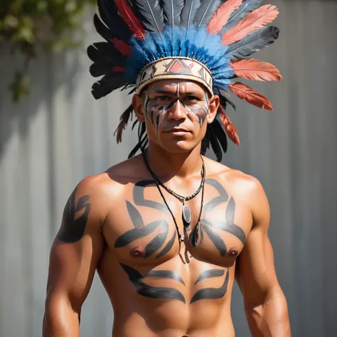 Indigenous man with tanned skin, with a naked head, with a muscular body, with indigenous body paint, wearing jeans and a feather headdress and bald head