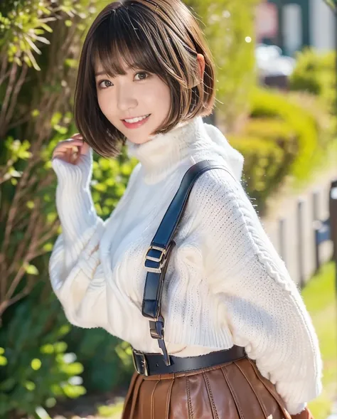 歯をみせるsmileの女の子、Summer knitwear、Leather Belt、skirt、Lens flare、Hair blowing in the wind、Medium Short Hair、、Expressing the whiteness of one&#39;s breath、Photo from the waist up、Night city illumination shot、Cowgirl Shot、Fur coat、豪華なグレーのミンクのFur coat、Wear fine l...