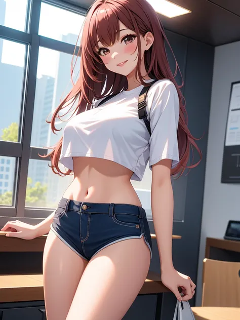 best quality, 1girl, masterpiece ultra detailed, illustration, glossy lips, indoors, standing, big breasts, (short shorts, micro_shorts, crop top), light smile, View viewers from the front, tigh strap