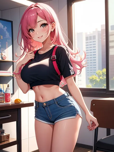 best quality, 1girl, masterpiece ultra detailed, illustration, glossy lips, indoors, standing, big breasts, (short shorts, micro_shorts, crop top), light smile, View viewers from the front, tigh strap