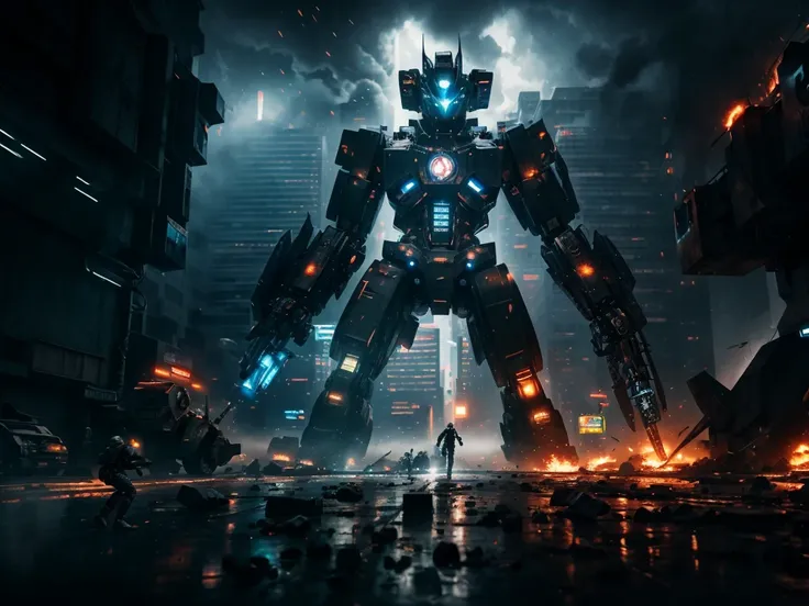 A giant robot, massive attacking kaiju, soldiers, cinematic, IMAX quality, mecha, science fiction, cyberpunk, futuristic city, dramatic lighting, dynamic composition, detailed mechanical design, gritty industrial aesthetic, powerful energy effects, volumet...