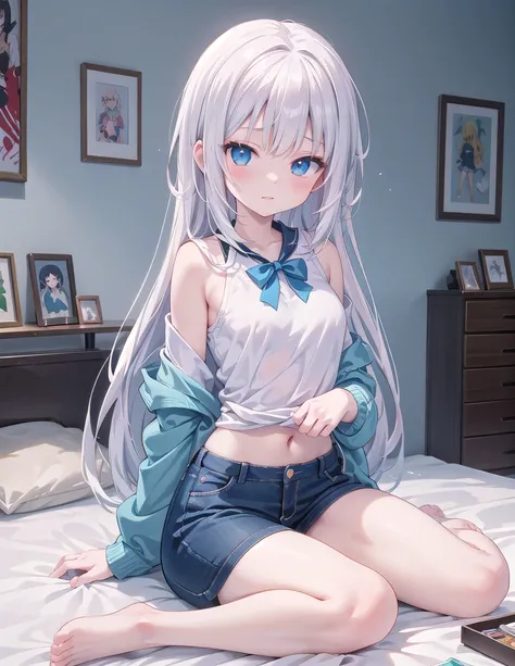 A beautiful girl with white hair and blue shirt, posing seductively in a room, detailed anime style, attractive anime girl, ink wash painting anime, 4k anime wallpaper, cute anime girl art, ecchi anime style, best anime girl, cute anime aesthetic, beautifu...