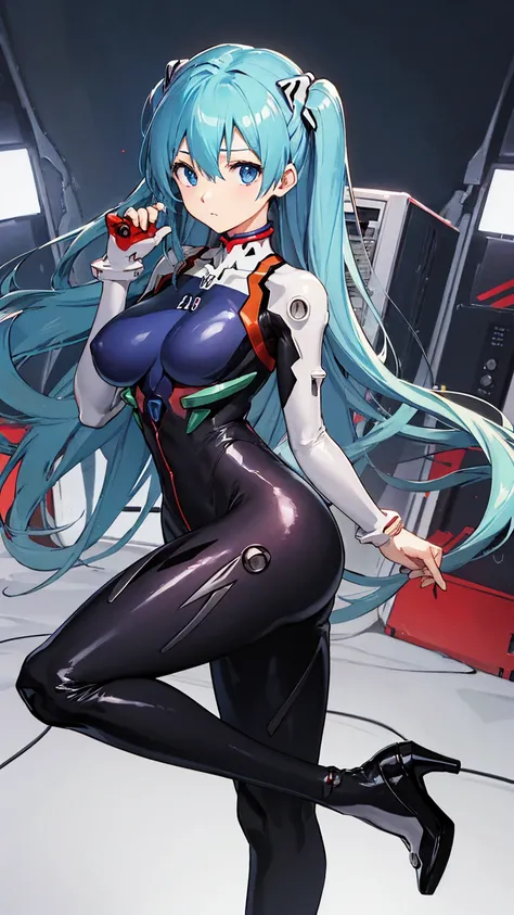 初音ミクはPlug Suitを着ている、Big Breasts、Latex bodysuit、Plug Suit((Neon Genesis EVANGELION))、Plug Suitの色は白と水色、High heels、The background is ruins、high resolution、2010s anime style、8K CG