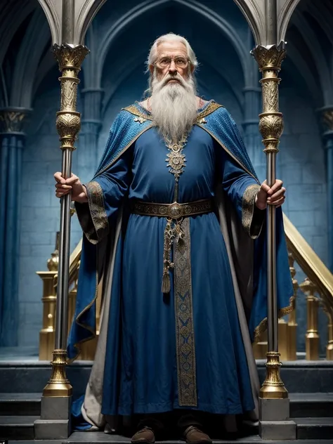 ((Merlin the Wizzard)) old man Merlin epic character from the movie King Arthur, with his long white beard and big hat, his blue suit with gold stars, in a very magical cinematographic scene raising the sword of escalibud very realistic and perfect image