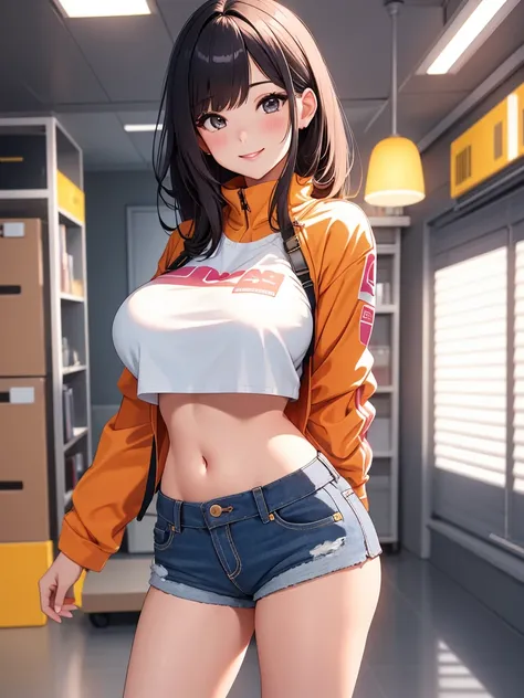 best quality, 1girl, masterpiece ultra detailed, illustration, glossy lips, indoors, standing, big breasts, (short shorts, micro_shorts, crop top), light smile, View viewers from the front, tigh strap, under boob view