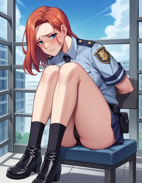 There is a woman in a police uniform, official, police official, (Yoshida Yuuko), sad police, Attire: cop, redhead woman, yoshida yuuko wearing a police uniform, high resolution commission, sheriff woman, Lois van Baarle y Rossdraws, bottomless, leotard bl...