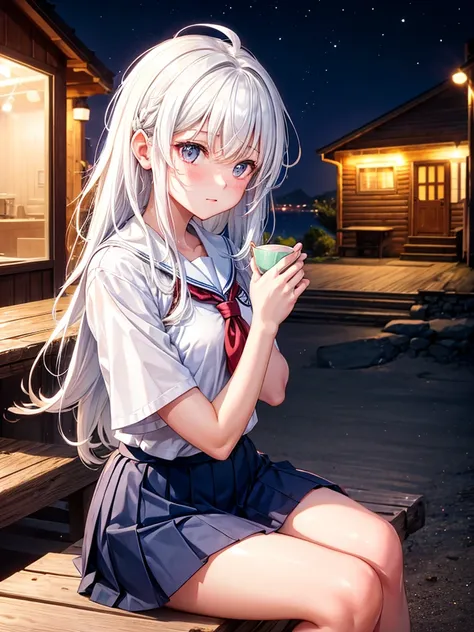 School girl, white hair, cute hair, Sitting outside the cabin, beach and city in the background, diffuse lights, night, taking tea, short messy hair, neon lights