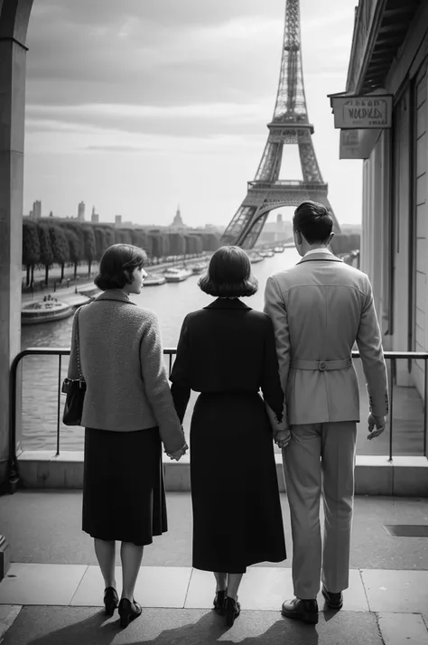 Realistic retro photography type image in 4k of a couple back to back holding hands looking at the Eiffel Tower in Paris in the 1930s