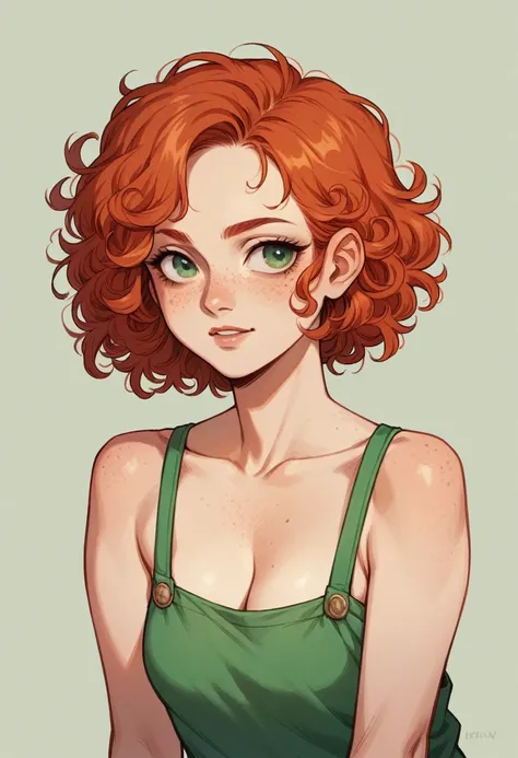 A seven year old girl, redhead, short curly hair, with freckles, green eyes and no clothes