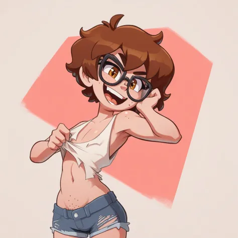 Ralph Bakshi Style, brown eyed skinny:2.5 brunette girl with long styled hair and black_glasses, nudity:1.5, (extreme nsfw):2.5, torn tanktop, (flatchested):2.0, lewd:2.0, (pubic_stubble):3.0