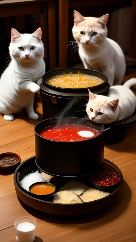 Scene description text In a cozy tavern，Several kittens sitting around a wooden hot pot table。The table is filled with various hot pot ingredients，Steam，Aroma。The kittens are wearing special little aprons，Some use their claws to gently stir the food in the...