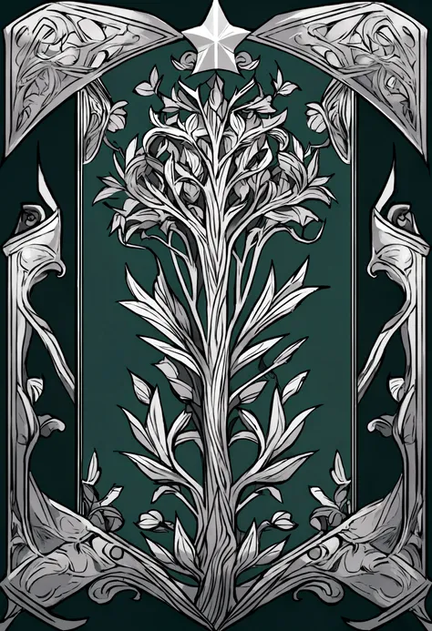 military standard flag with a large silver tree on a dark green background, in the style of games of thrones