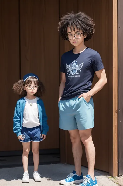 Can you make a person who is 1.70 tall and has glasses with curly hair wearing character clothes and blue shorts?