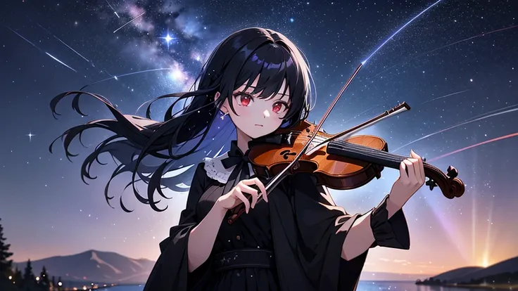 A girl playing the violin, with black hair and glassy red eyes, a serious gaze, under a night sky filled with stars and a single comet. She is positioned over a lake, depicted in a full shot. The scene is sprinkled with light particles and has a bokeh effe...