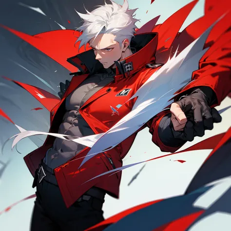 Man with muscles, red jacket, hold two guns, white hair